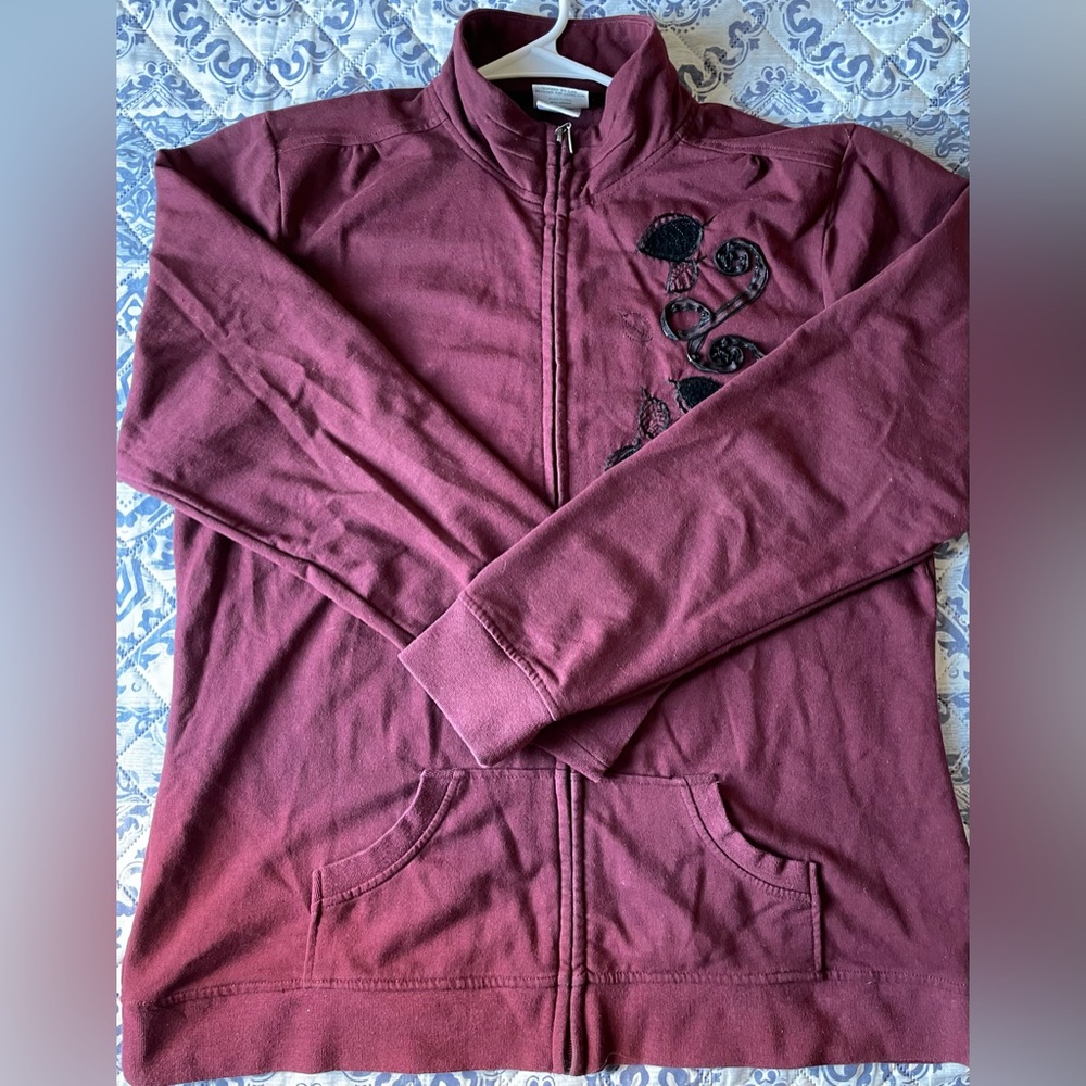 Artisans Apparel Maroon Zip Up Jacket Black Embroidery Appliqué Size L